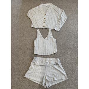 Better Together 3-Piece Lounge Set Cardigan Tank Shorts Gray Ribbed Knit Size M